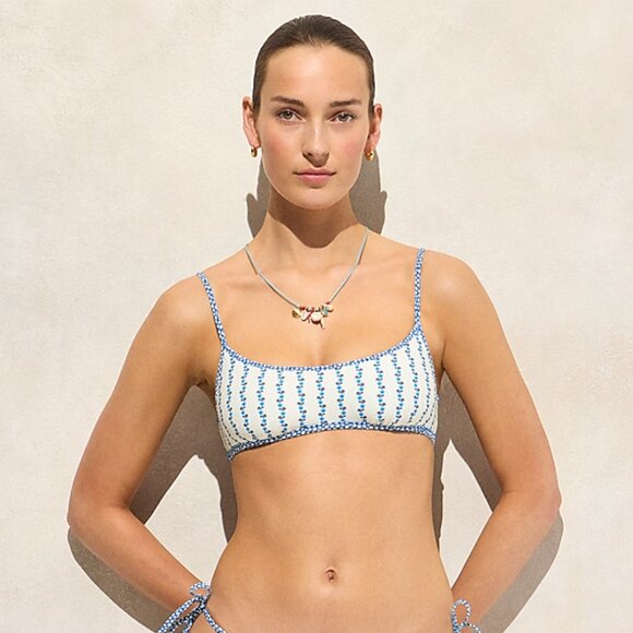J. Crew Women's Scoopneck bikini top in floral-stripe print Medium Cobalt Color - Picture 1 of 7